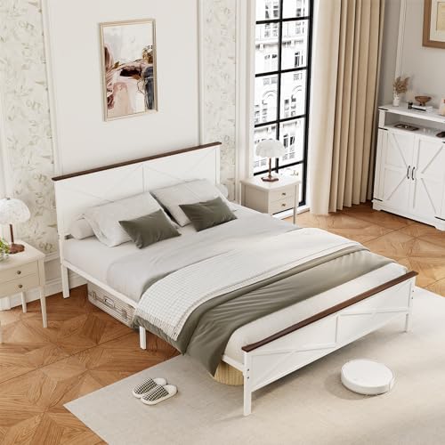 VOPEAK Farmhouse Queen Bed Frame with Headboard and Footboard, Bed Frame Queen Size Metal Platform with Under Bed Storage, Noise Free