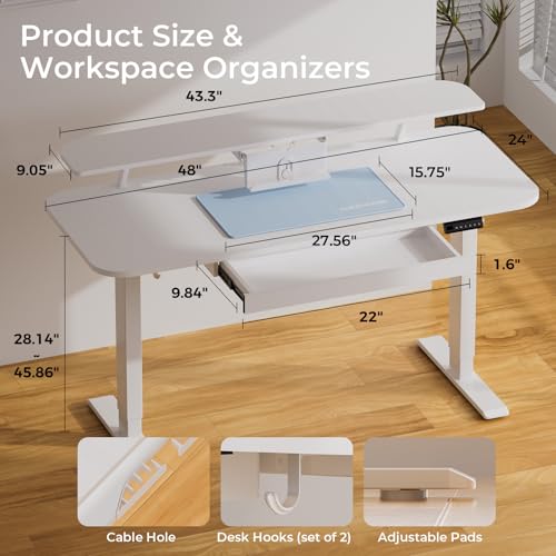 COMHOMA Electric Standing Desk with Drawers, 48 x 24'' Sit Stand up Desk with Monitor Stand, Laptop Stand