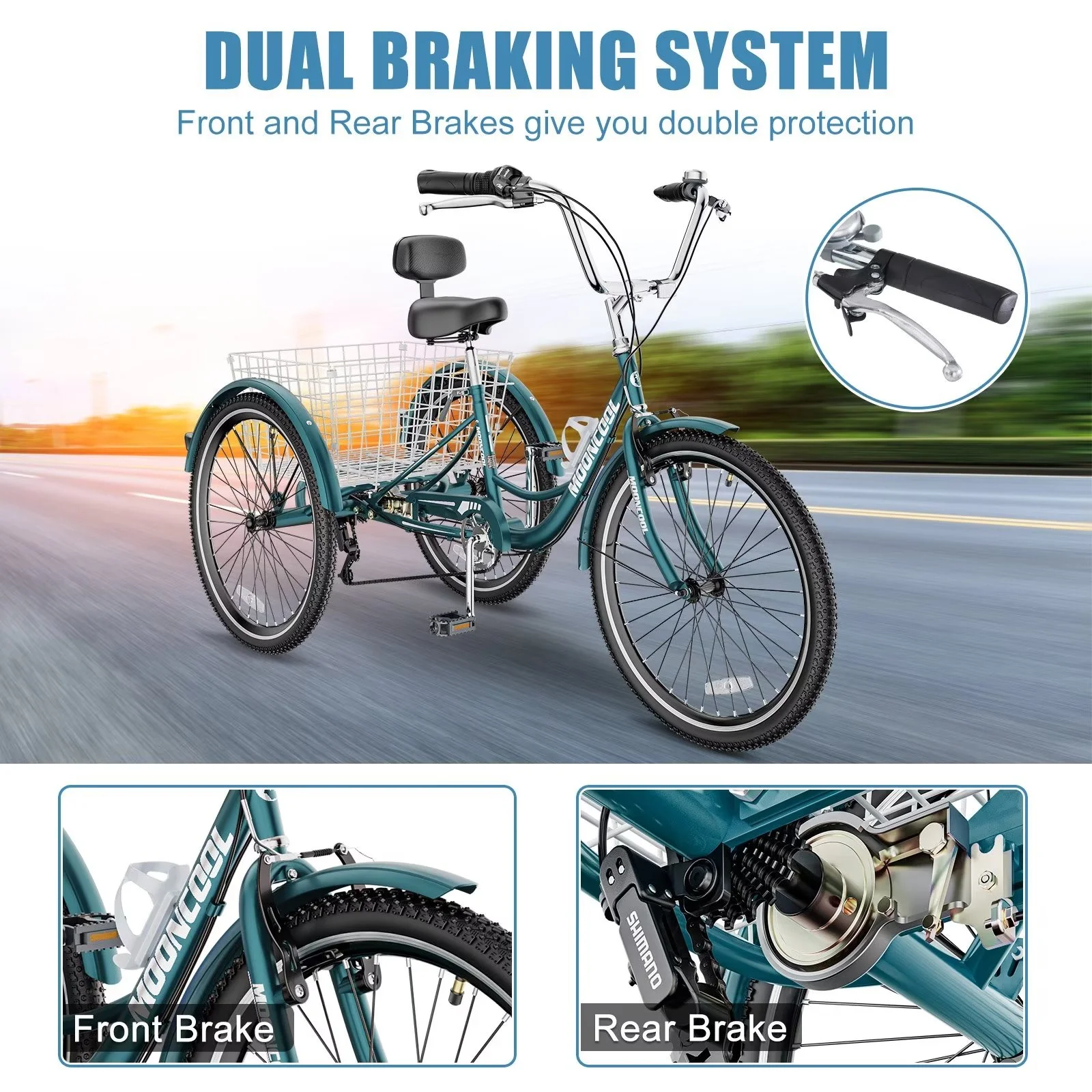 MOPHOTO 7 Speed Adult Tricycle 26 in/24in/20in, Trikes for Adults, Adult Tricycle with Basket & Dual Braking System, Adult Trikes for Women, Men
