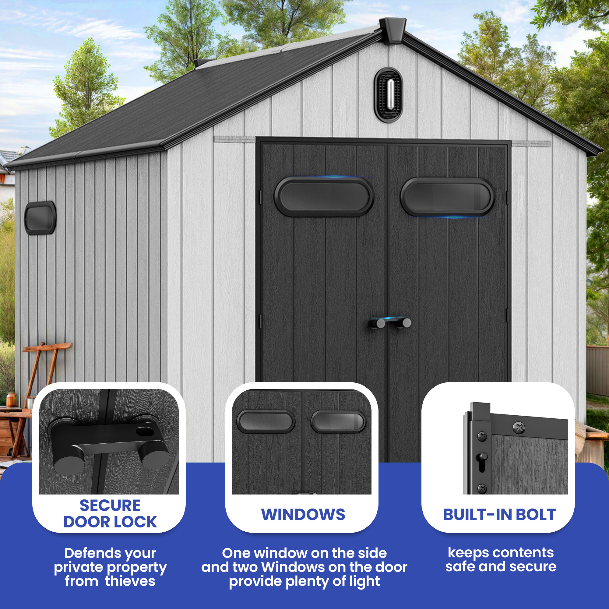 ModFusion 8x8 Ft Improved Natural Light, Outdoor Resin Storage Shed, 2 Door with Lock, Floor, Gable Roof, Windows, Air Vent, for Bike, Trash Can