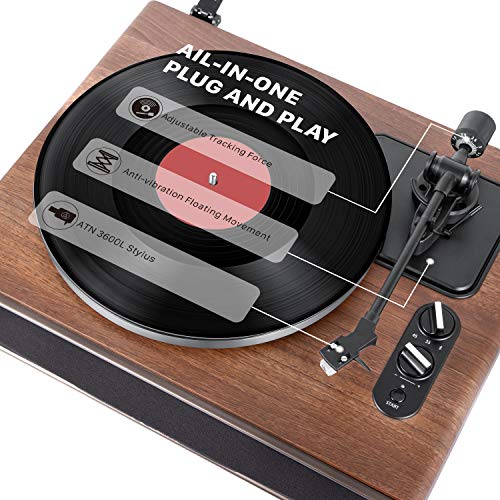 1 by ONE High Fidelity Belt Drive Turntable with Built-in Speakers, Vinyl Record Player with Magnetic Cartridge