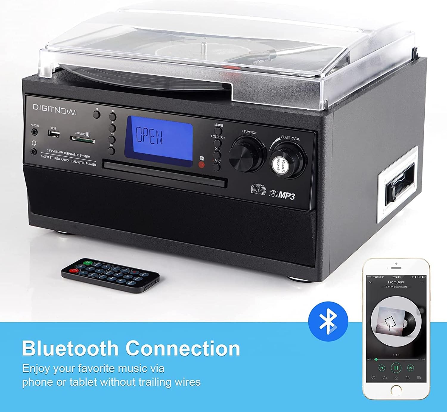 DIGITNOW Bluetooth Record Player Turntable with Stereo Speaker, LP Vinyl to MP3 Converter with CD, Cassette, Radio, Aux in and USB/SD Encoding