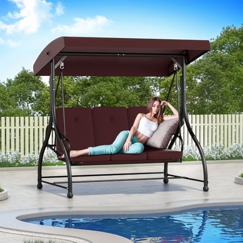 3-Seat Outdoor Porch Swing Glider with Adjustable Canopy, Patio Swings Bed with Removable Cushion for Porch, Backyard, Garden, Poolside, Balcony