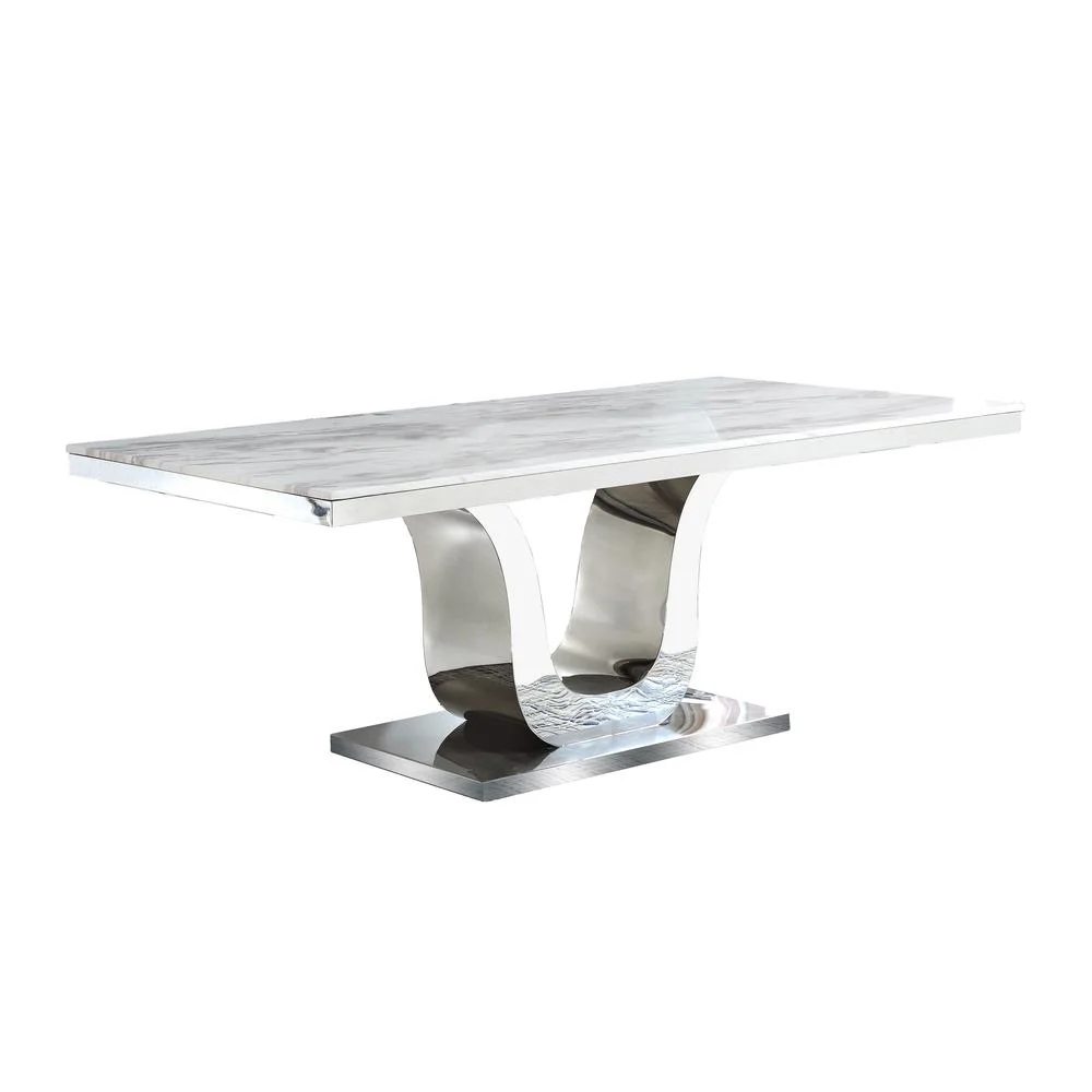 Silver Stainless Steel 7 Piece Dining Set with Marble Table and Gray Chairs