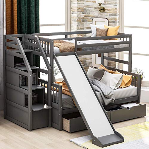 Harper & Bright Designs Twin Over Full Bunk Bed with Stairs and Slide, Multifunction Wood Bunk Bed with Storage Drawers, Gray