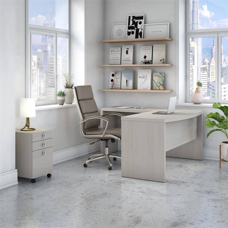 Office by Kathy Ireland Echo L Shaped Bow Front Desk with Mobile File Cabinet in Gray Sand - Bush Furniture ECH007GS