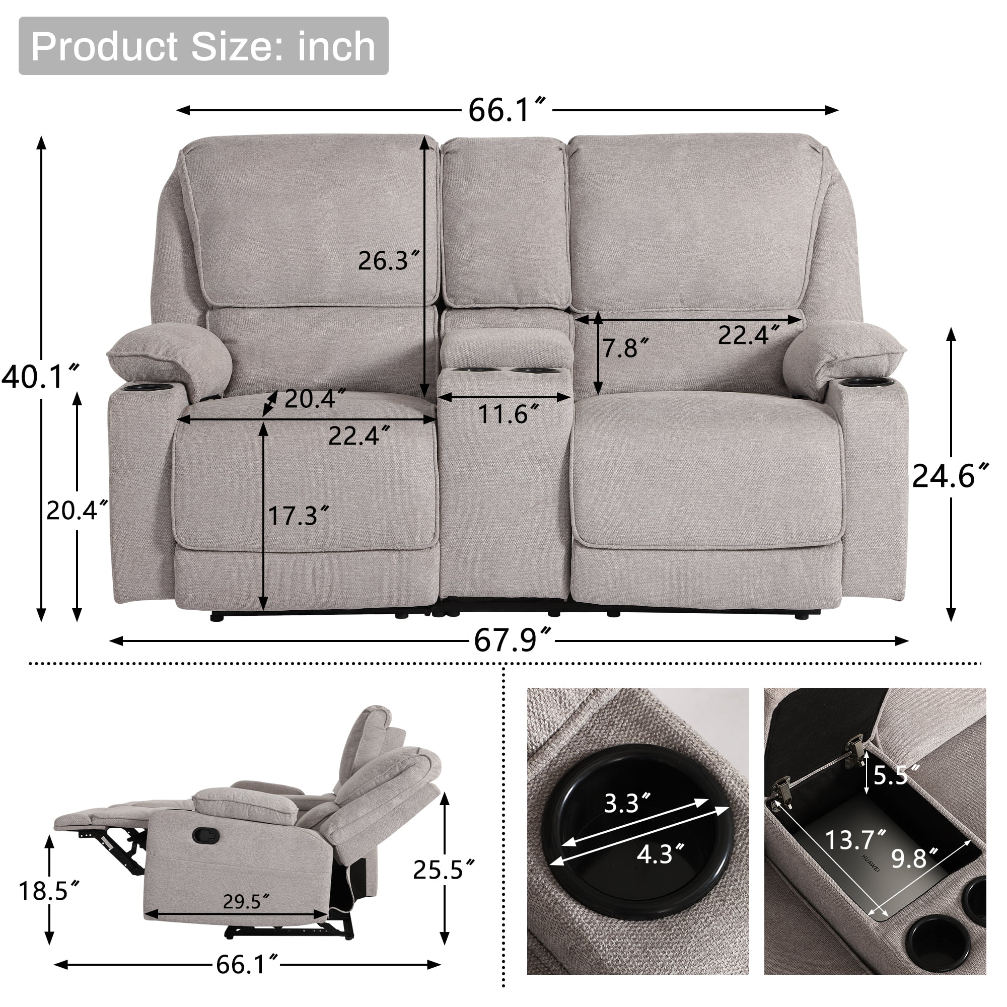 Reclining Sofa, 2 seater Manual Recliner Sofa with Cup Holders,  Central Console Manual Reclining Loveseat for Living Room ,Home Theather Light Gray