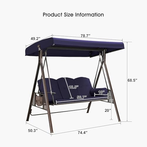 PURPLE LEAF 3-Seat Deluxe Outdoor Patio Porch Swing with Weather Resistant Steel Frame, Adjustable Tilt Canopy, Cushions and Pillow Included, Beige