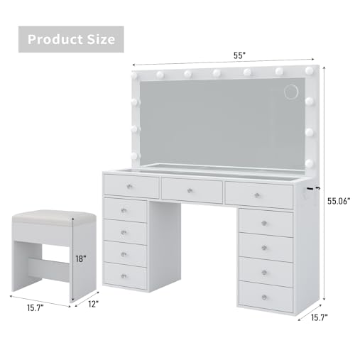 Vanity Desk & Power Outl, Makeup Vanity with Mirror and 12 LED Lights, Makeup Table with 11 Drawers, Vanity Table with Chair