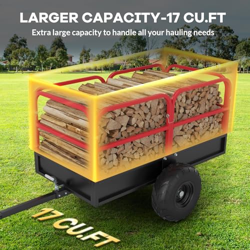 Heavy Duty ATV Trailer Dump Car, Utility Steel Yard Trailer, 1700-Pound Capacity Garden Dump Carts, Hand Pull or Foot Pedal Dump Cart for ATV, UTV