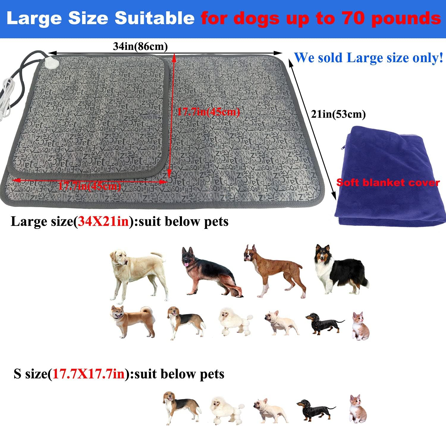 Pet Heating pad Large Heated Dog Bed 34"x21" Cat Heating pad Indoor Electric Dog Heating pad Waterproof Heated Dog House mat Easy Clean