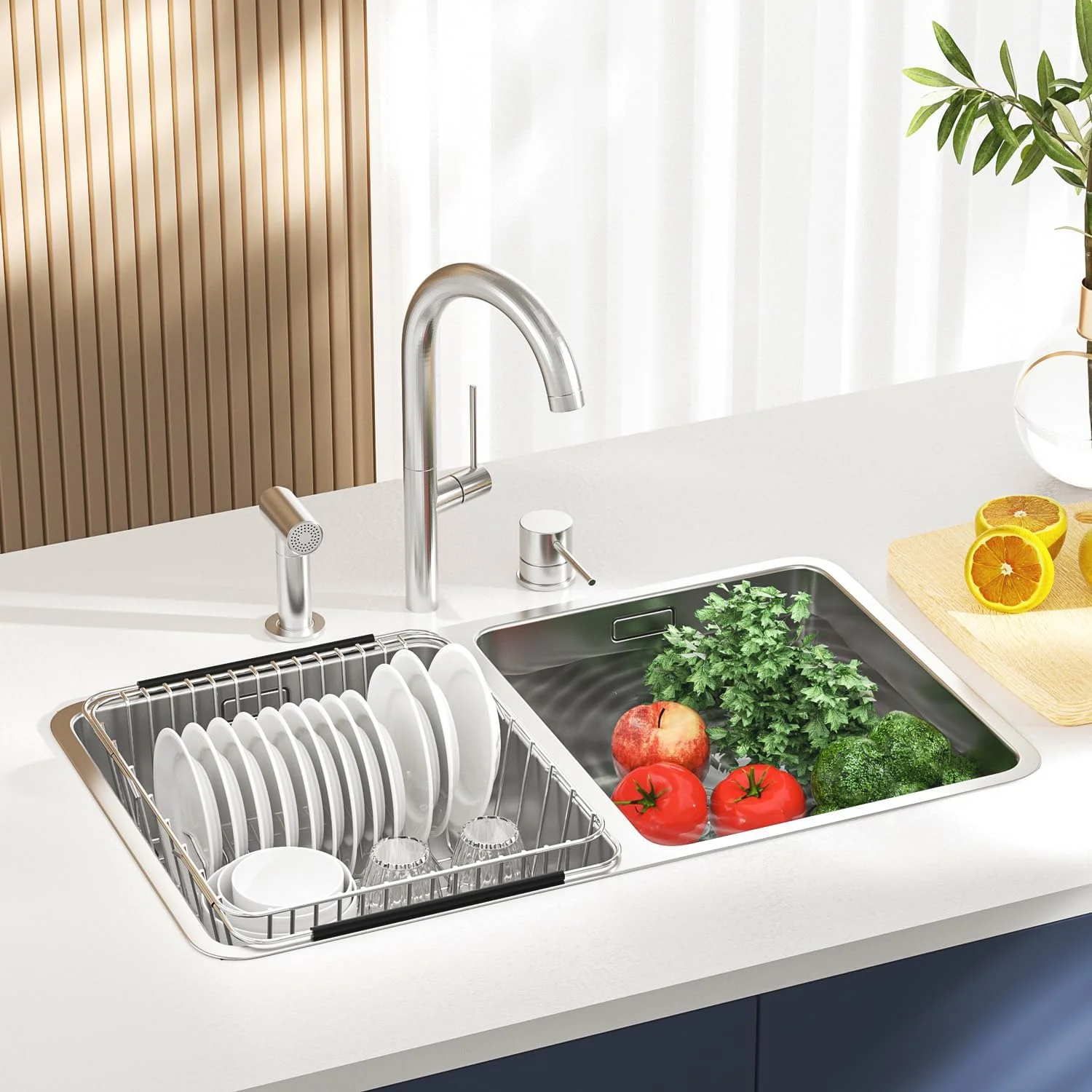 Dish Drying Rack in-Sink, 304 Stainless Steel Dish Drainer with Stainless Steel Silverware Holder Over Inside Sink-Adjustable