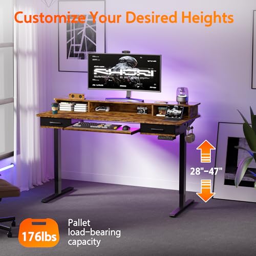 48x24 Inches Electric Standing Desk with 2 Drawers, Height Adjustable Stand up Desk for Home Office, Ergonomic Sit to Stand Table with Storage Shelf