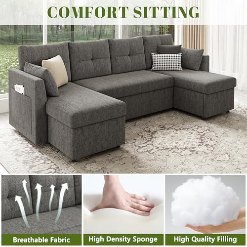 Oversized Sleeper Sofa Couch, 110 inch 2 in 1 Pullout Couch Bed with Double Storage Chaise