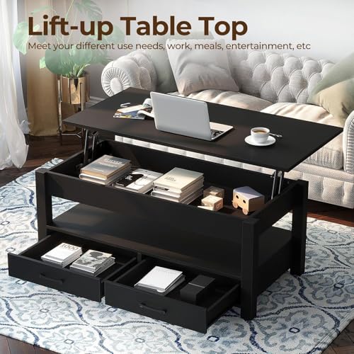 Rolanstar Coffee Table, Lift Top Coffee Table with Drawers and Hidden Compartment, Retro Central Table with Wooden Lift Tabletop, for Living Room