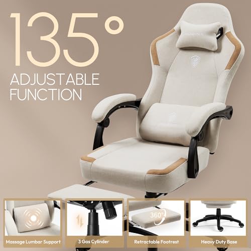 Dowinx Fabric Gaming Chair with Pocket Spring Cushion,Breathable Computer Chair with Massage Lumbar Support and Footrest