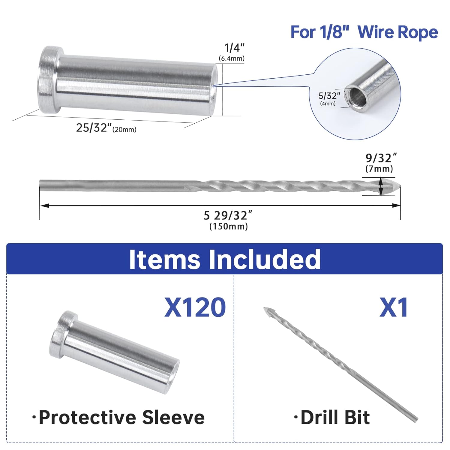 Muzata 120Pack Cable Railing Kit Stainless Steel Protective Sleeves for 1/8" Wire Rope Cable Wood Posts T316 Marine Grade Deck Stair Railing CR13