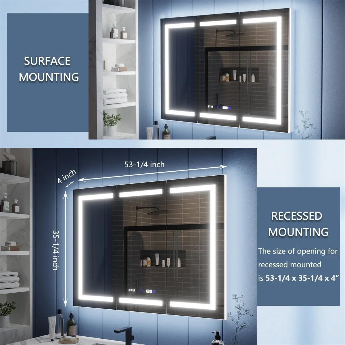 Illusion-B 54" x 36" LED Lighted Inset Mirrored Medicine Cabinet with Magnifiers Front and Back Light