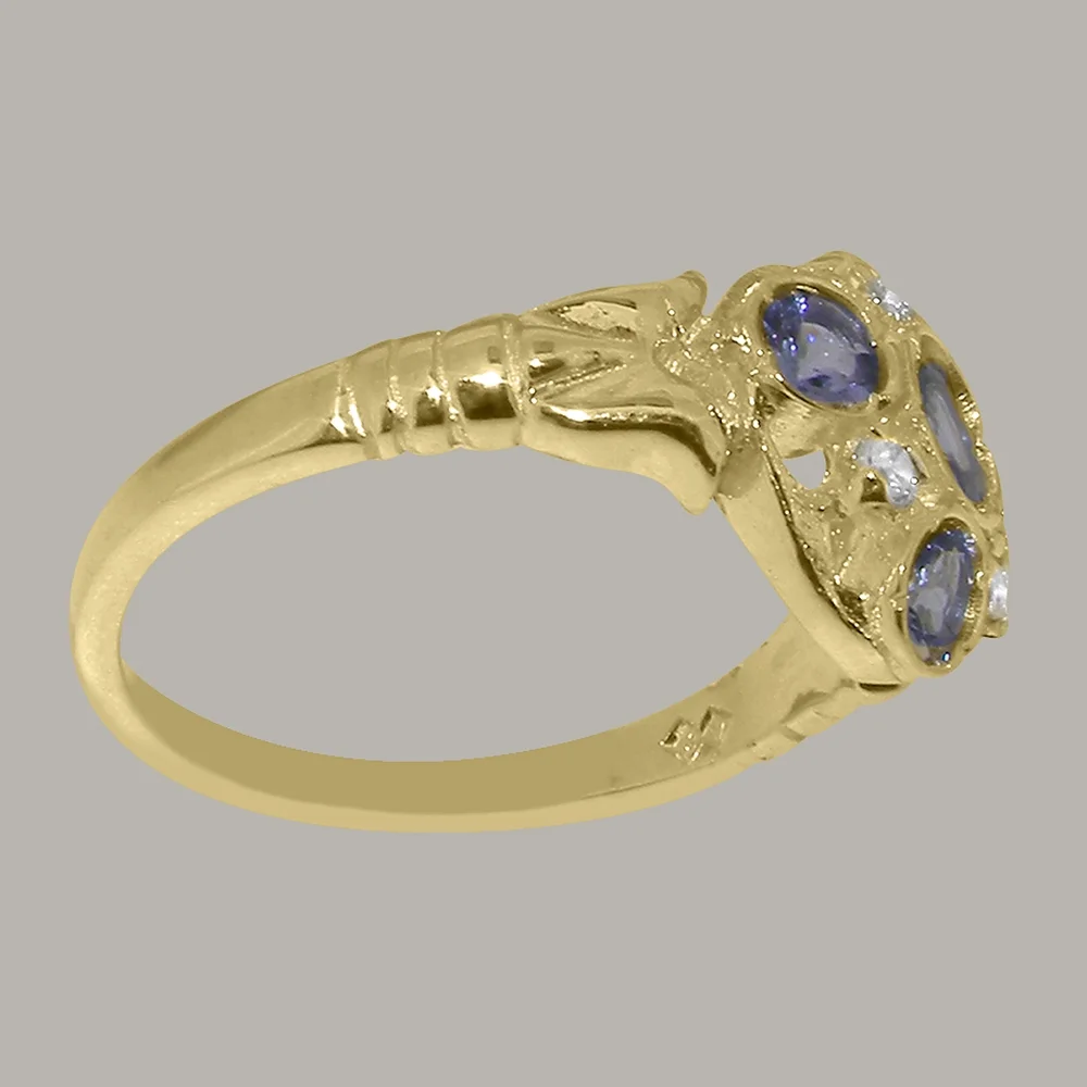 LBG British Made 9k Yellow Gold Natural Tanzanite & Diamond Womens Statement Ring - 33 size options - Size 10
