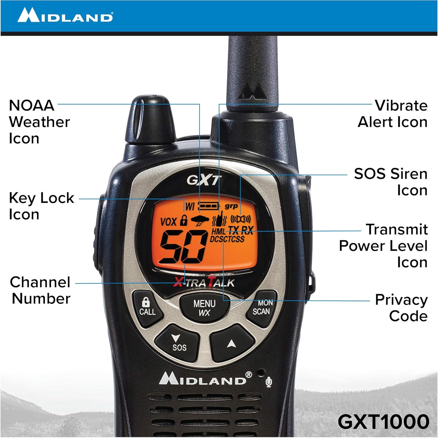 Midland GXT1000 GMRS Walkie Talkie - Long Range Two Way Radio with NOAA Weather Scan + Alert, 50 Channels, and 142 Privacy Codes (Black/Silver