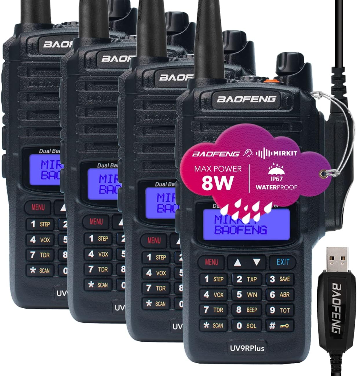 2pcs Mirkit Waterproof Radio Baofeng UV-9R Plus MK1 (UV-82 3rd Generation) 8 Watt Max Power & USB Baofeng Programming Cable & 2200mAh Battery