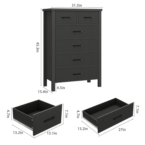 Fluted 6 Drawers Dresser for Bedroom, Tall Boho Chest of Drawers with Metal Handle, Wooden Closet Clothes Storage Organizer for Living Room