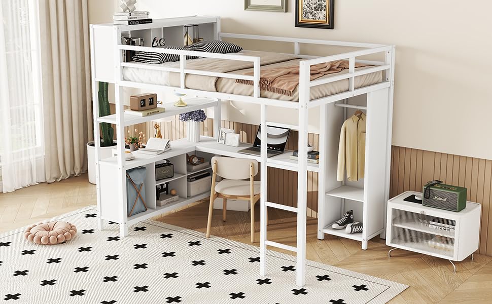 Bellamave Metal Loft Bed with Wardrobe and L-Shaped Desk, Full Size Loft Bed with Storage Cubes and Shelves, Heavy Duty LoftBed for Kids Teens Adults