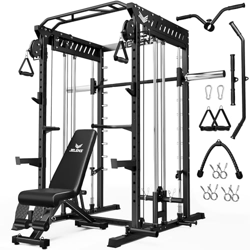 M21 Smith Machine, Multi-Function Power Cage with Dual Pulley Cable Crossover System, 2000LBS All-in-One Squat Rack with Smith Bar and Attachments