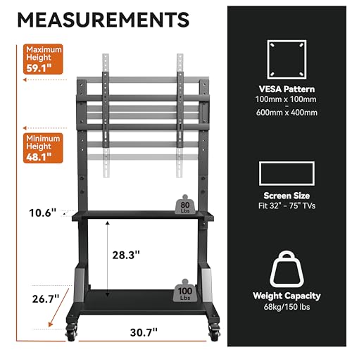 Mobile TV Stands for Flat Curved Screens, Rolling TV Cart Floor Stand with Mount, Shelf and Wheels for Living Room, Bedroom and Office