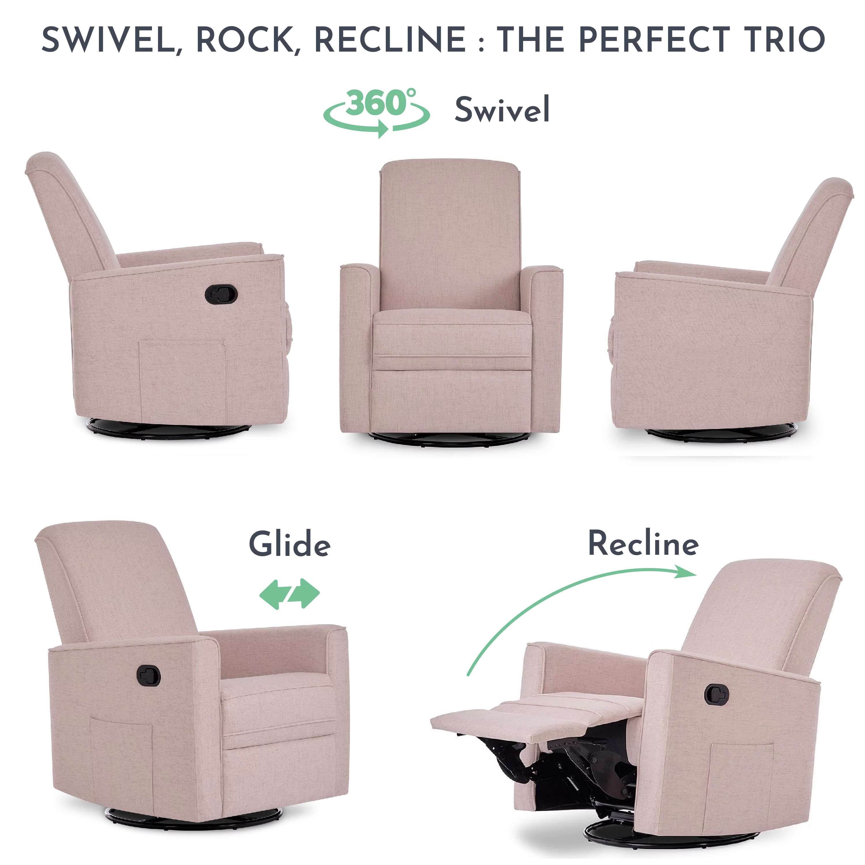Evolur Raleigh Glider Recliner Rose with High Backrest Support, Durable Polyester Fabric