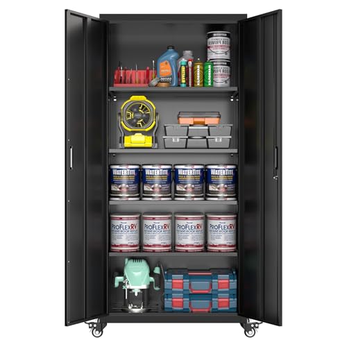 Metal Storage Cabinet with Wheels, 73" H Rolling Garage Cabinets with Locking Doors and Adjustable Shelves for Home Office, Basement, Pantry, Workshop