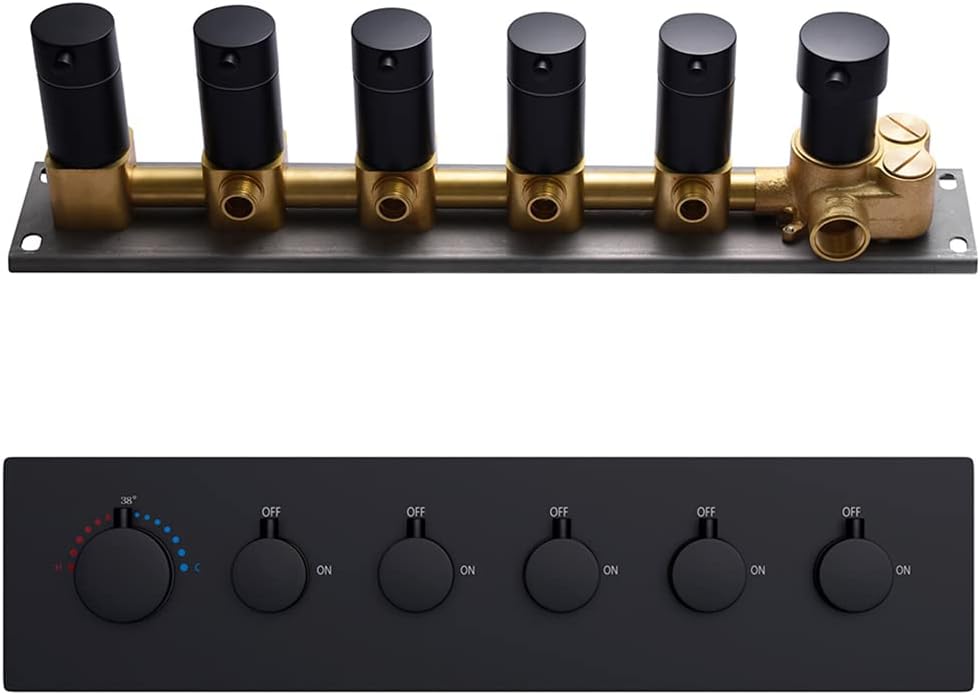 AYIVG Solid Brass Concealed 4-Outlet Thermostatic Valve Pressure Balanced Mixer Valve with Black Trim for Bathoom Shower System ( Can Simultaneous
