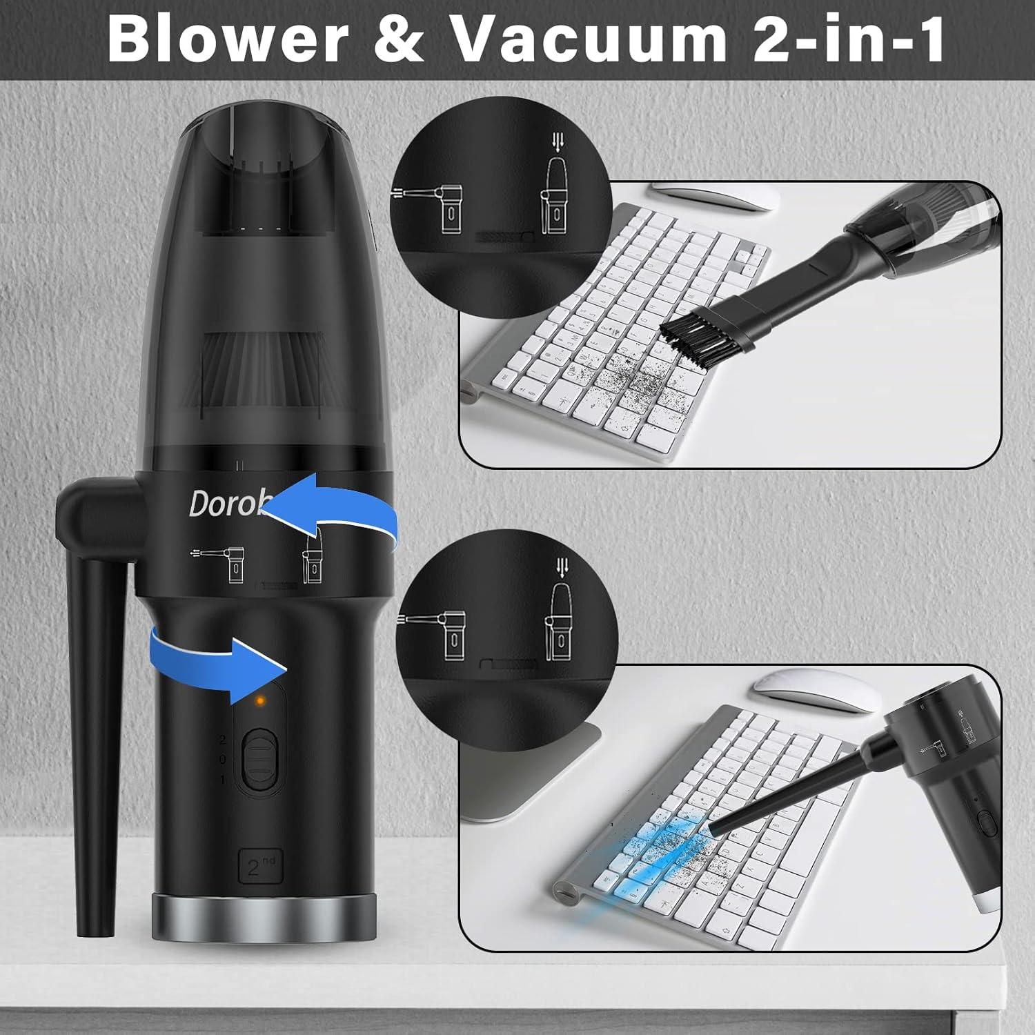 Cordless Air Duster, Blower & Vacuum 2 in 1, Compressed Air Duster, Portable Handheld Electronics Air Duster, Power 77000 RPM Motor, 10000 PA Suction
