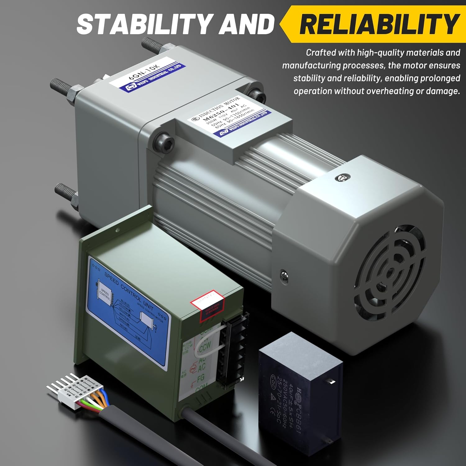 High Torque AC Motor + Speed Controller + Gear Box, 250W Single Phase Electric Motor with Gearbox, Variable Speed Motor