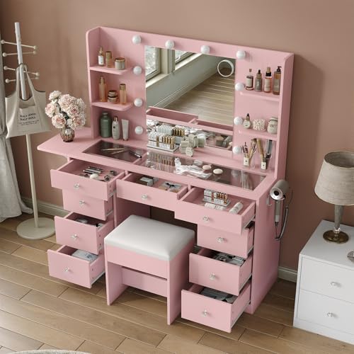 Vanity Desk & Power Outlet, Makeup Vanity with Mirror and 10 LED Lights, 3 Lighting Modes Brightness Adjustable
