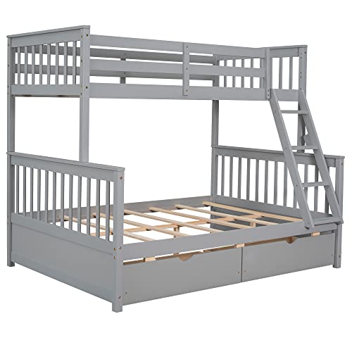 Ball & Cast Full Over Full Bunk Bed with Twin Size Trundle and Built in 4 Drawer,Wood Bunkbed w/Storage Ladder & Slat Support