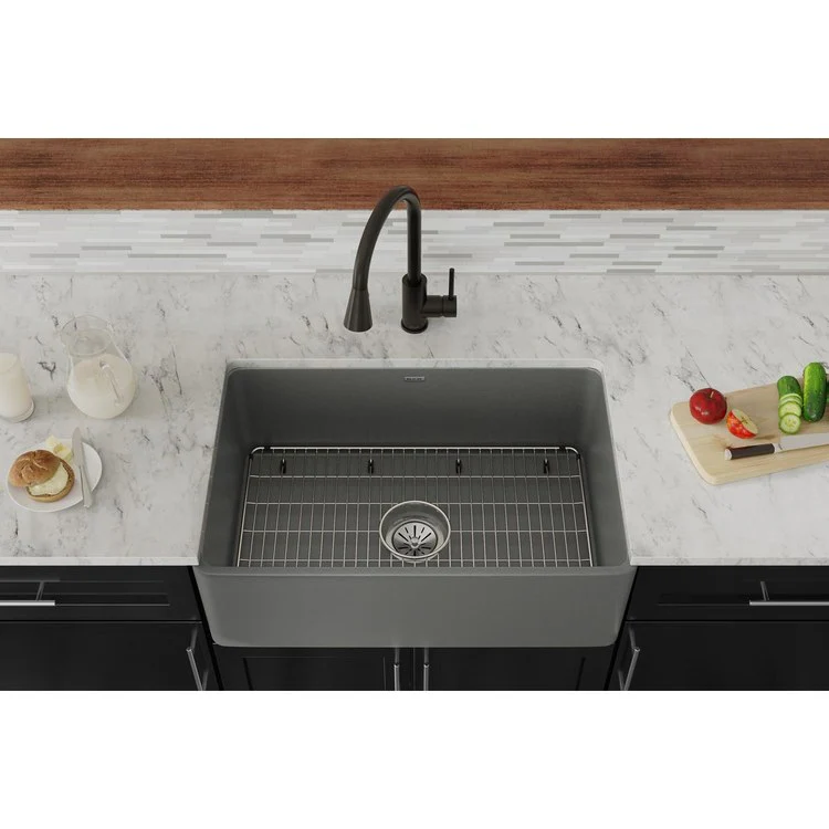 Kitchen Sink Fireclay 30 x 20 Inch Single Bowl Kit Apron Front Matte Gray Farmhouse Drain Location Center