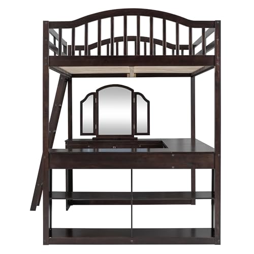 Harper & Bright Designs Full Size Loft Bed with Desk, Storage Shelves and Drawers, Solid Wood Loft Bed Frame with Built-in Wardrobe, Walnut