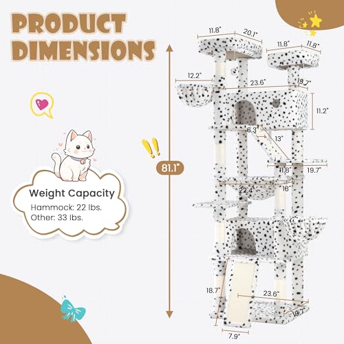 SHA CERLIN 81in Multi-Level Tall Cat Tree Tower for Indoor Kitties/Larger Cat Condo Furniture with Hammock/Cozy Pussycat Perches/Sisal Scratching