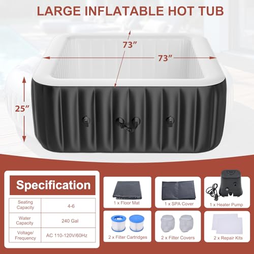 LILYPELLE 4-6 Person Inflatable Hot Tub, Large Portable Square Hot Tub with 130 Bubble Jets, Outdoor Spa Bathtub Set Included Heater Pump