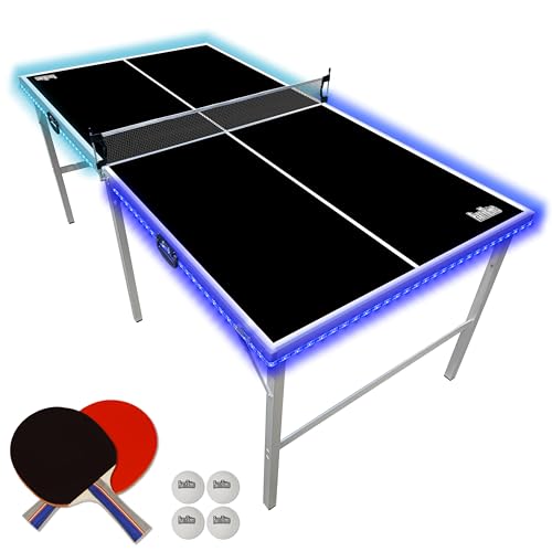 PartyLife 6 ft x 3 ft Ping Pong Table Tennis Table | Mid-Size Portable Folding Indoor Outdoor Ping Pong Table Tennis Table w/Optional LED Lights |