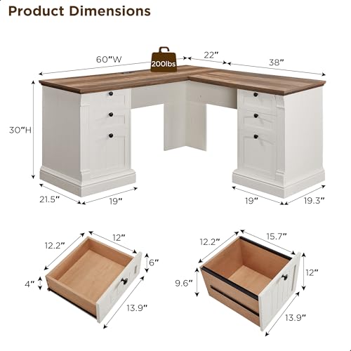 OKD 60" Executive Desk with Drawers, Farmhouse Home Office Desk with Charging Station, Keyboard Tray, File Cabinet Storage