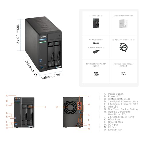 Asustor Lockerstor 4 Gen2 - AS6704T | 4-Bay NAS, Quad-Core 2.0GHz Processor, 4 M.2 NVMe Slots (PCIe 3.0), Dual 2.5GbE, Expandable to 10GbE