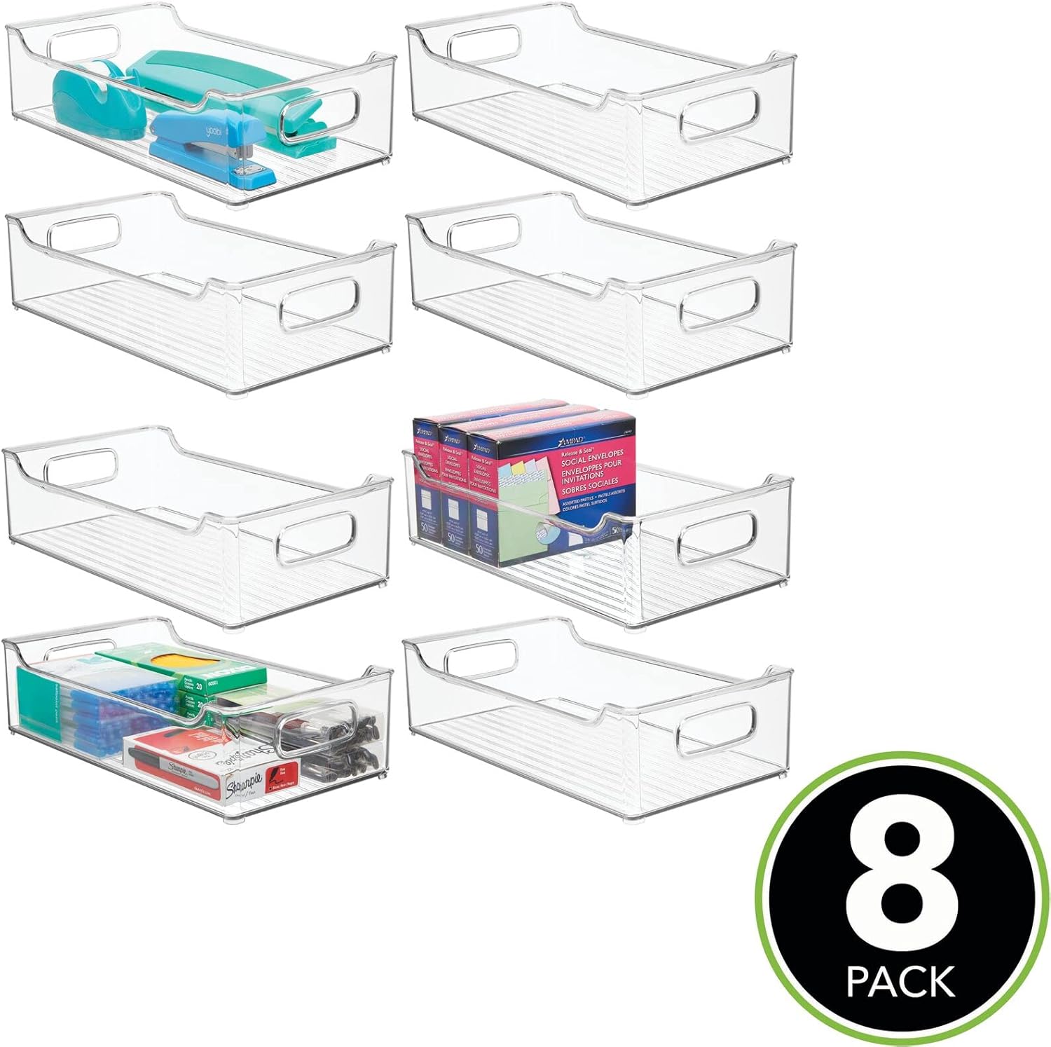 mDesign Plastic Rectangular Stackable Long Storage Container, Side Dip Organizer Bin w/Handles for Office, Filing Cabinet, Shelf, Desk