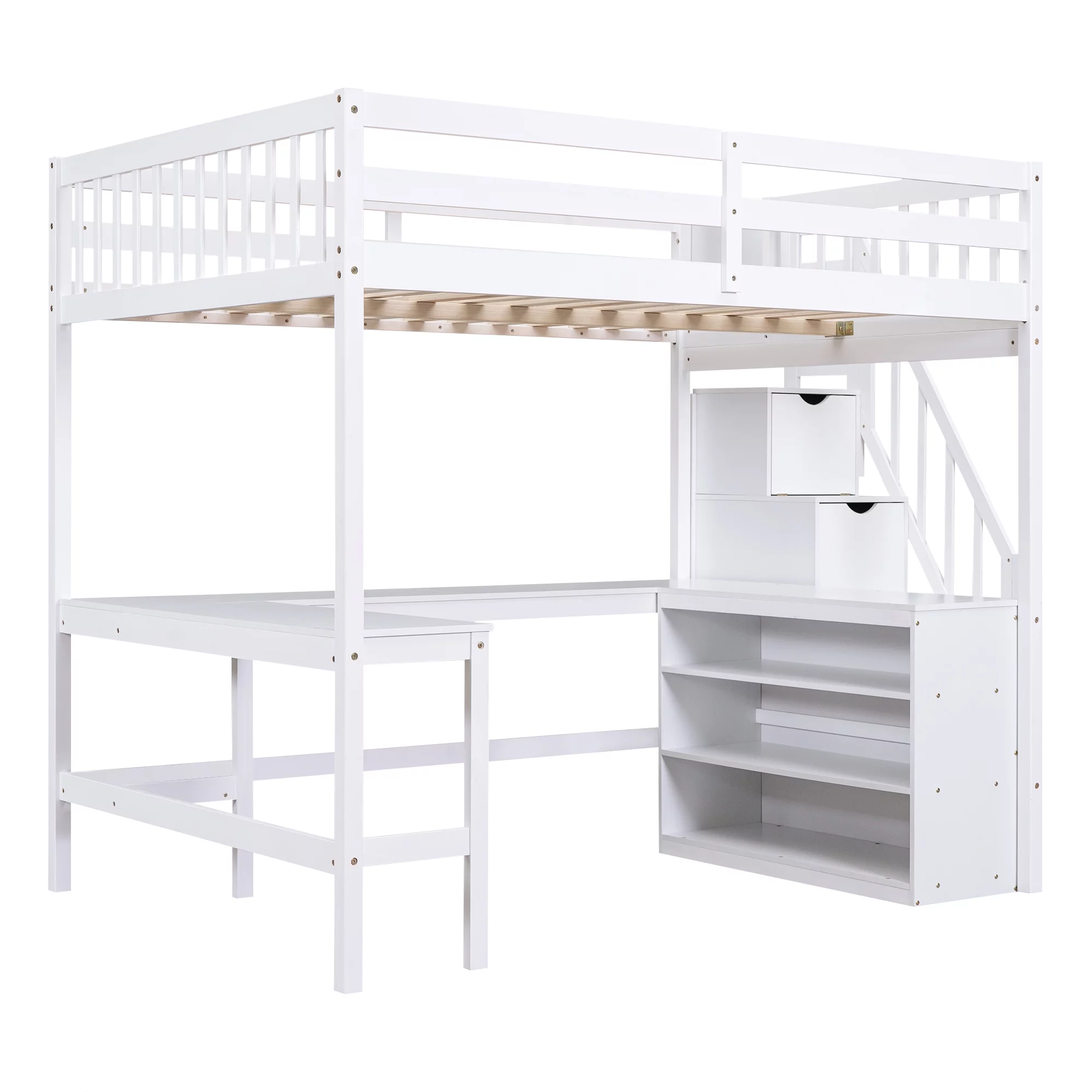 EUROCO Wood Full Size Loft Bed with Desk, Shelf and Storage Staircase for Kids Teens Adults, Built-in Desk with Bookscase for Working Station