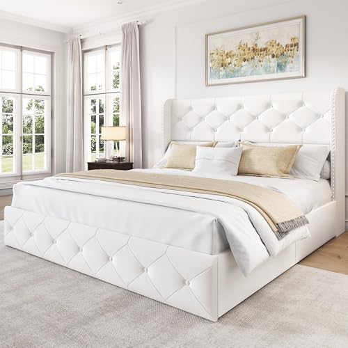 King Size Bed Frame with 4 Storage Drawers and Tufted Headboard Linen Upholstered Platform Bed Frame Wingback Beds with Wooden Slats Support