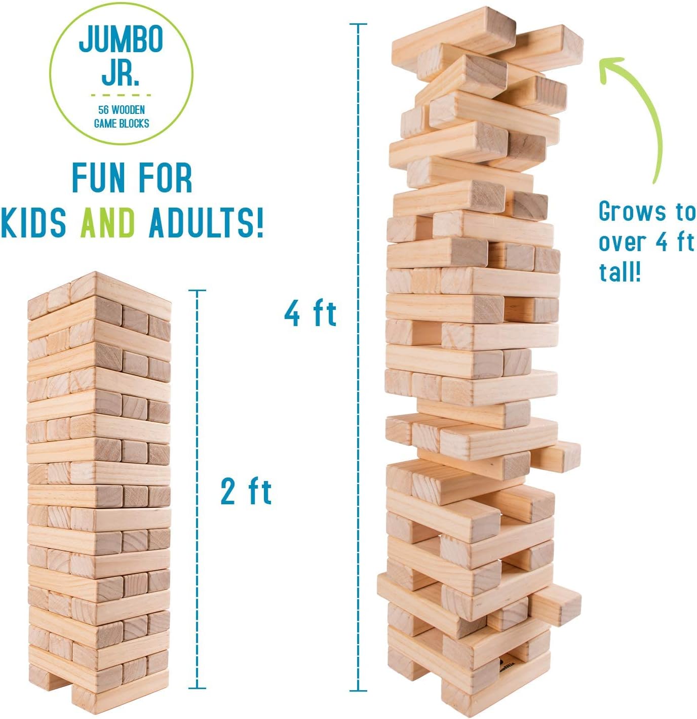 Giant Tumbling Timber Toy - Jumbo JR. Wooden Blocks Floor Game for Kids and Adults, 56 Pieces, Premium Pine Wood, Carry Bag