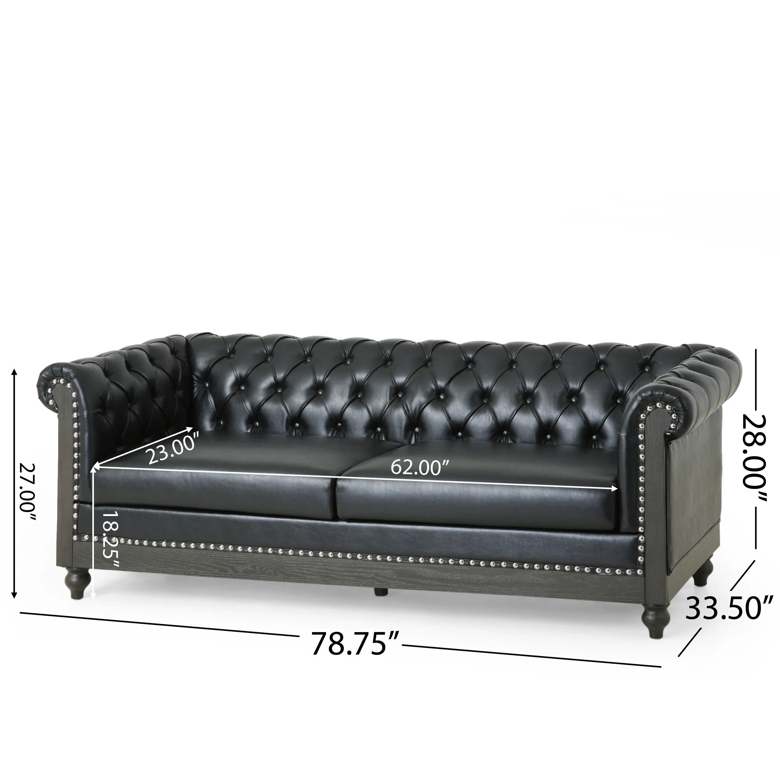 Christopher Knight Home Castalia Nailhead Trim Chesterfield Sofa by  - 78.75" L x 33.50" W x 28.00" H Faux Leather + Midnight Black, Dark Brown Faux