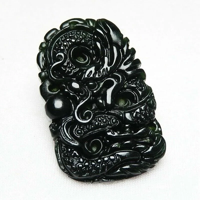 18K Gold Filled Over Silver Mens 24" Black-Green Jade Dragon Necklace D938