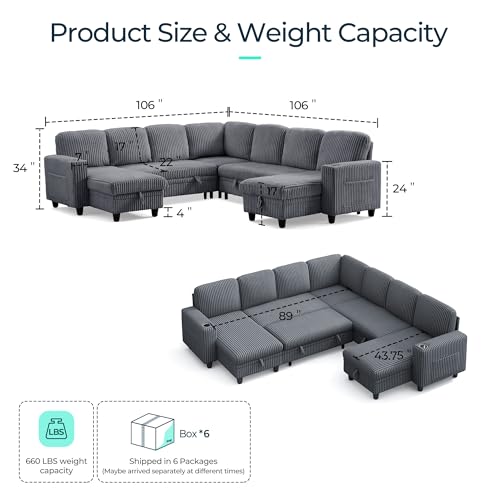 LINSY HOME Sectional Sleeper Sofa with Pull Out Couch Bed Convertible Plush Corduroy Cloud Couch with Storage Chaise & USB Charging